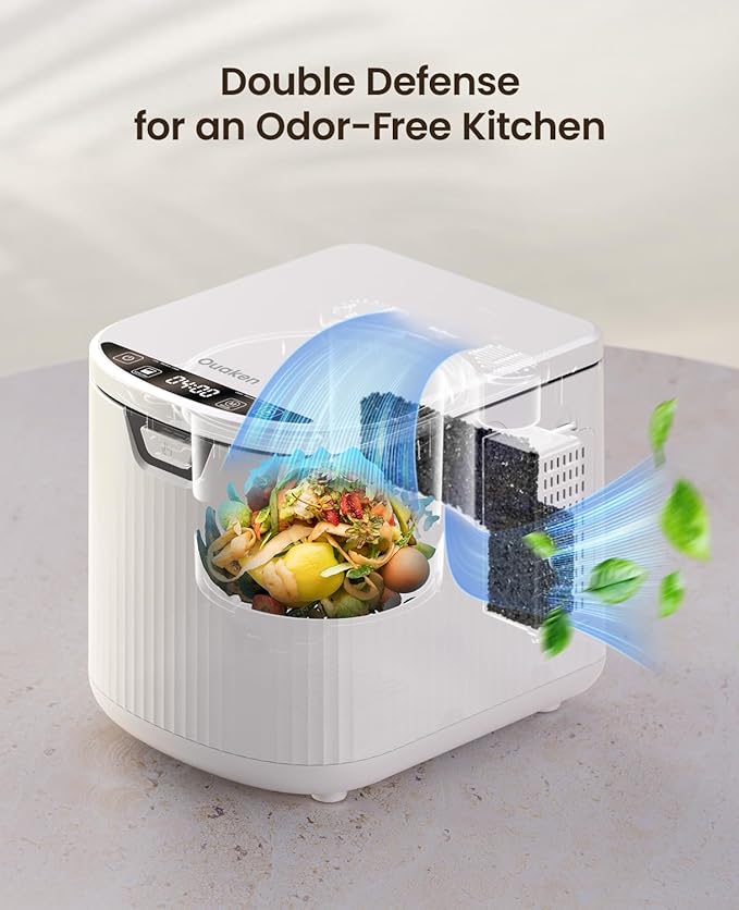 Electric Composter for Kitchen,Ouaken 3L Indoor Kitchen Waste Compost Machine Countertop Smart Composting Bin,Compact Food Recycler for Home with Low Noise,Odorless,Auto-Clean,LED Display