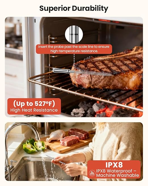 Wireless Bluetooth Smart Meat Thermometer with WiFi - High Accuracy ±0.5°F, Smart Base, 1 Probe with 6 Sensors, NIST Certified Accuracy, Long-Range for BBQ, Grill, Oven, Smoker, Rotisserie