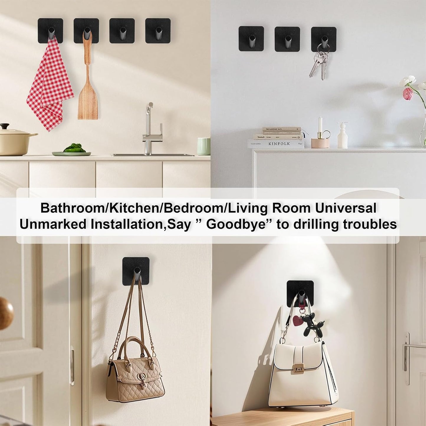 Aluminum Wall Hooks, No Drill Damage-Free Adhesive Hook,Product for Hanging Heavy Duty for Bathroom Kitchen Home (Slanting Square Black Hook, 4)