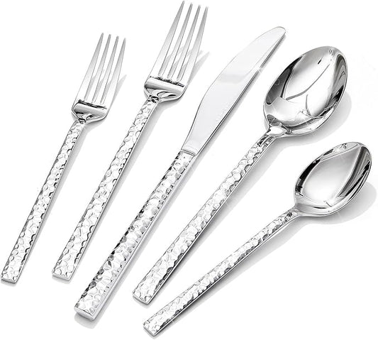 KINGSTONE 40 Piece Hammered Silverware Set, 18/10 Stainless Steel Flatware Set for 8, Cutlery Set for Home, Party, Wedding, Mirror Polished Dishwasher Safe