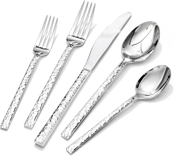 KINGSTONE 60 Piece Hammered Silverware Set, 18/10 Stainless Steel Flatware Set for 12, Cutlery Set for Home, Party, Wedding, Mirror Polished Dishwasher Safe
