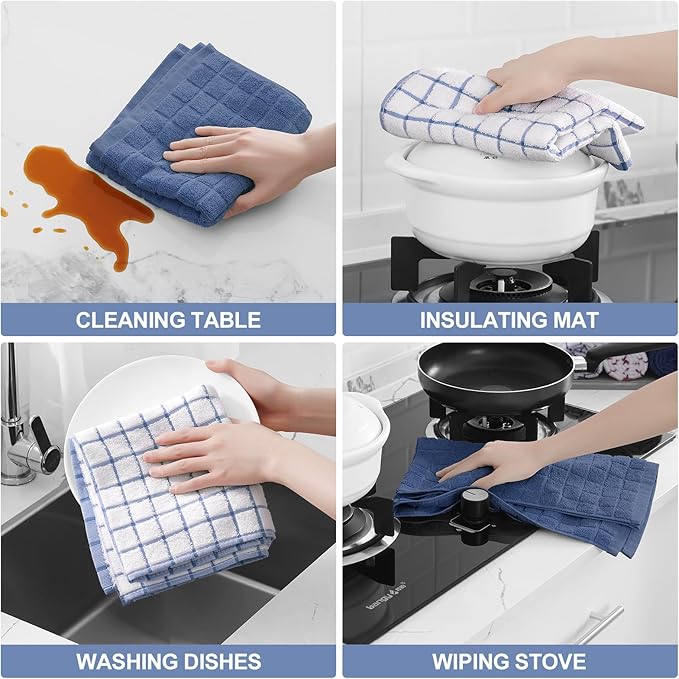 Homaxy Premium Cotton Kitchen Towels 16"x 28", Large Natural Ring Spun 390 GSM Dish Towels, Super Absorbent Terry Kitchen Hand Towels, Soft Tea Towel with Hanging Loop, Navy Blue Check Design, 8 Pack