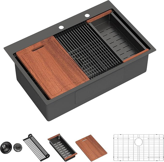 Lordear 33 Drop In Kitchen Sink Matte Black - 33X22 Inch Drop In Sinks Ledge Workstation Black 16 Gauge Stainless Steel Single Bowl Topmount Kitchen Sink Basin with Built- in Accessories