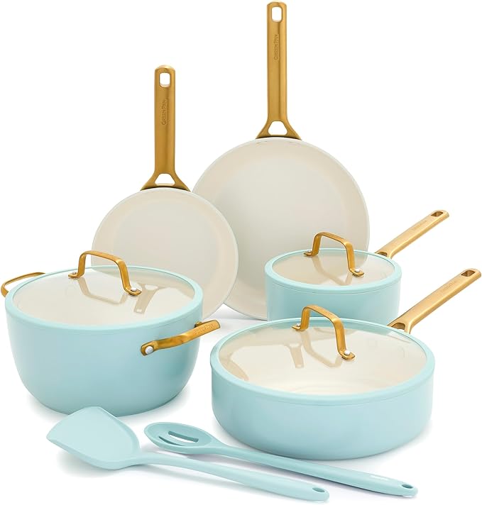 GreenPan Nonstick Reserve Pro 10 Piece Cookware Set, NSF Certified Ceramic, Hard Anodized PFAS-Free Pots & Pans Set with Lids, Stainless Steel Handles, Oven & Dishwasher Safe, Seaside Blue