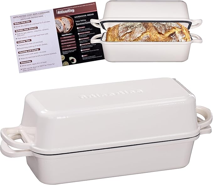 11x5 Inch Cast Iron Bread Loaf Pan With Lid, 5.8 Qt Large Loaf Pan for Sourdough Bread Baking, Heavy Duty Dutch Oven Bread Pan For a Crispy Crust (Cream White)
