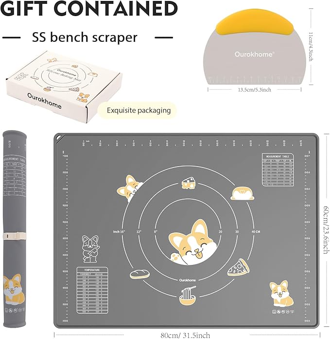 Ourokhome Silicone Baking Mat Sheet and Pastry Dough Cutter, 0.5 Inch Thick 32" X 24" BPA free Silicone Rolling Mat, Non-Stick and Anti-Slip, Dishwasher Safe (Gray)