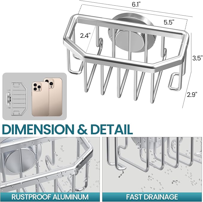 TAILI Sponge Holder for Kitchen Sink with Strong Suction Cup Removable, Rustproof Aluminum Sink Caddy for Sponge, Brush, Scrubber, Scraper -Silver