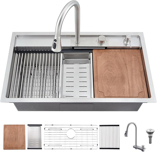 33 Inch Undermount Waterfall Kitchen Sink Workstation, 33x19 Undermount Kitchen Sink Stainless Steel Waterfall 16 Gauge Single Bowl Sinks and Faucet Combo