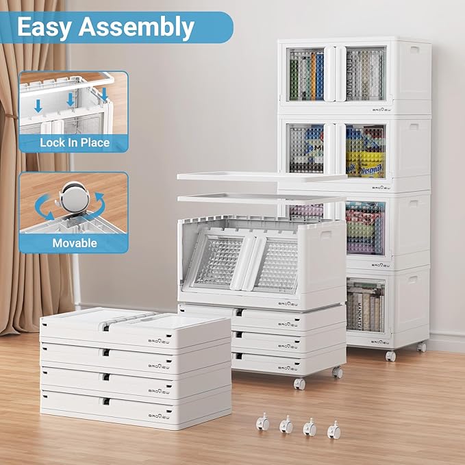 BROVIEW 400Qt Stackable Storage Bins with Lids, 100Gal Closet Organizers and Storage Drawer, Plastic Collapsible Storage Bins with Doors, Heavy Duty Store Box Cabinet for Home Kitchen, 4Pack White