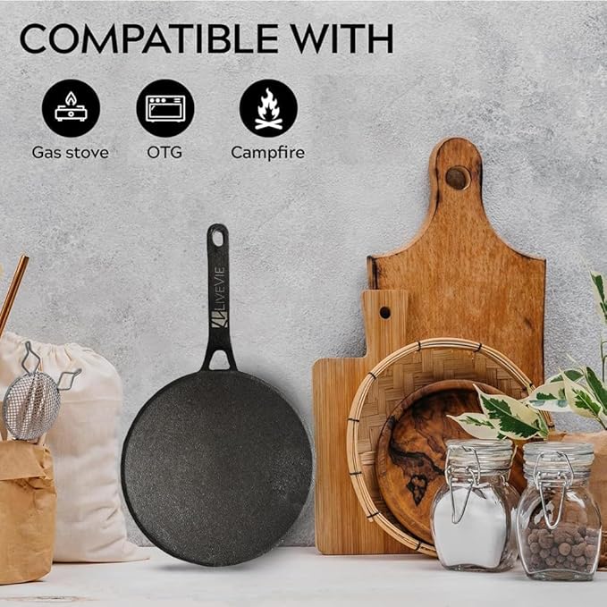 Concave Cast Iron Skillet Tawa – 10-Inch Pre-Seasoned Griddle Pan with 5.5-Inch Handle for Pancakes, Quesadillas, Grilled Sandwiches & More
