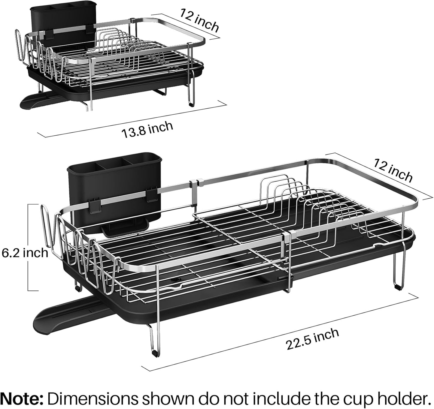 Dish Drying Rack, Expandable Dish Rack for Kitchen Counter, Stainless Steel Dish Drainer with Utensil & Cup Holder 13.8"-22.6" L x 12.1" W (Silver)