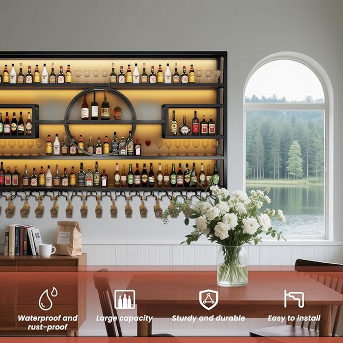 63" Wall Mounted Wine Rack with LED Light, 4 Tiers Bottle & Glass Holder, Metal Retro Wine Stand, Liquor Bottles Display Wall Storage Organizer, for Kitchen Dining Room Home Bar,63x8x51 inch