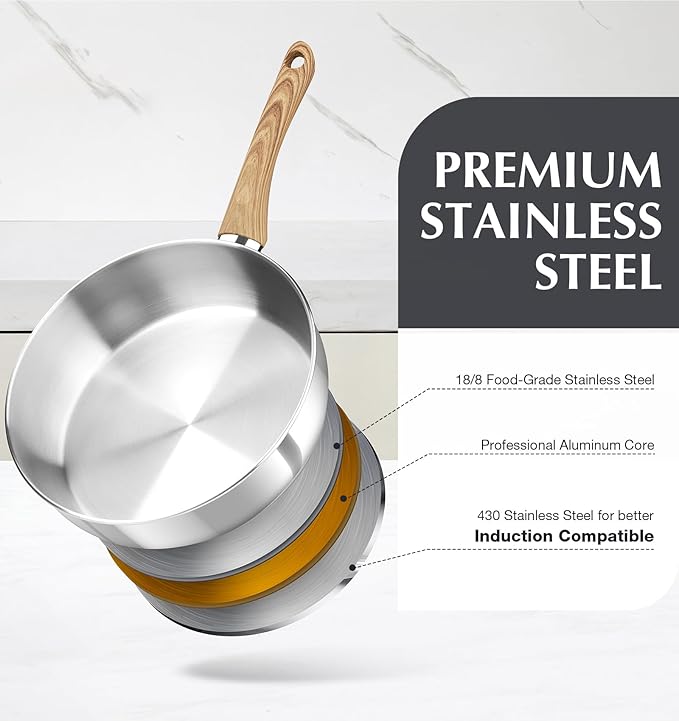 KOCH SYSTEME CS Saute Pan with Lid, 12 Inch Deep Frying Pan with Lid, 5.5 Quart Stainless Steel Saute Pan with Stylish Cool-Touch Bakelite Handle, 12 Inch Deep Stainless Steel Pan, Induction Ready