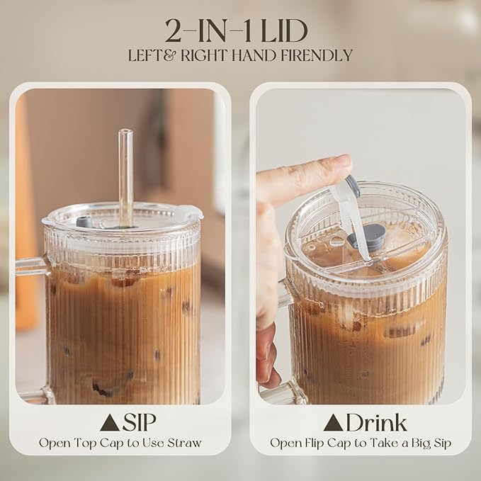 KEMORELA 24 Oz Ribbed Glass Tumblers with Lids and Straws, Tumbler Cup with Handle, Iced Coffee Glassware, Clear Reusable Drinkware for Smoothies and Beverages (1)