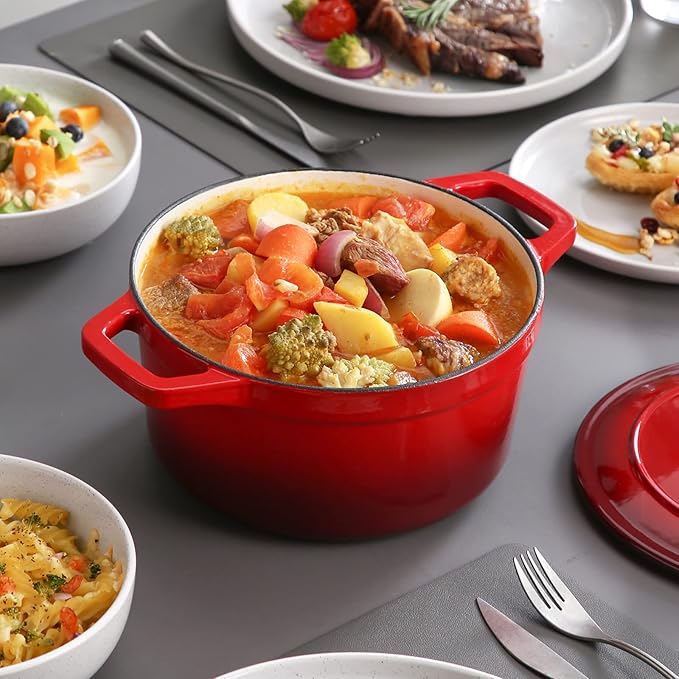 vancasso Enameled Cast Iron Dutch Oven with Lid, 3.5 QT Small Round Enamel Dutch Oven Pot for Bread Baking, Non Stick Enamel Coating, Red