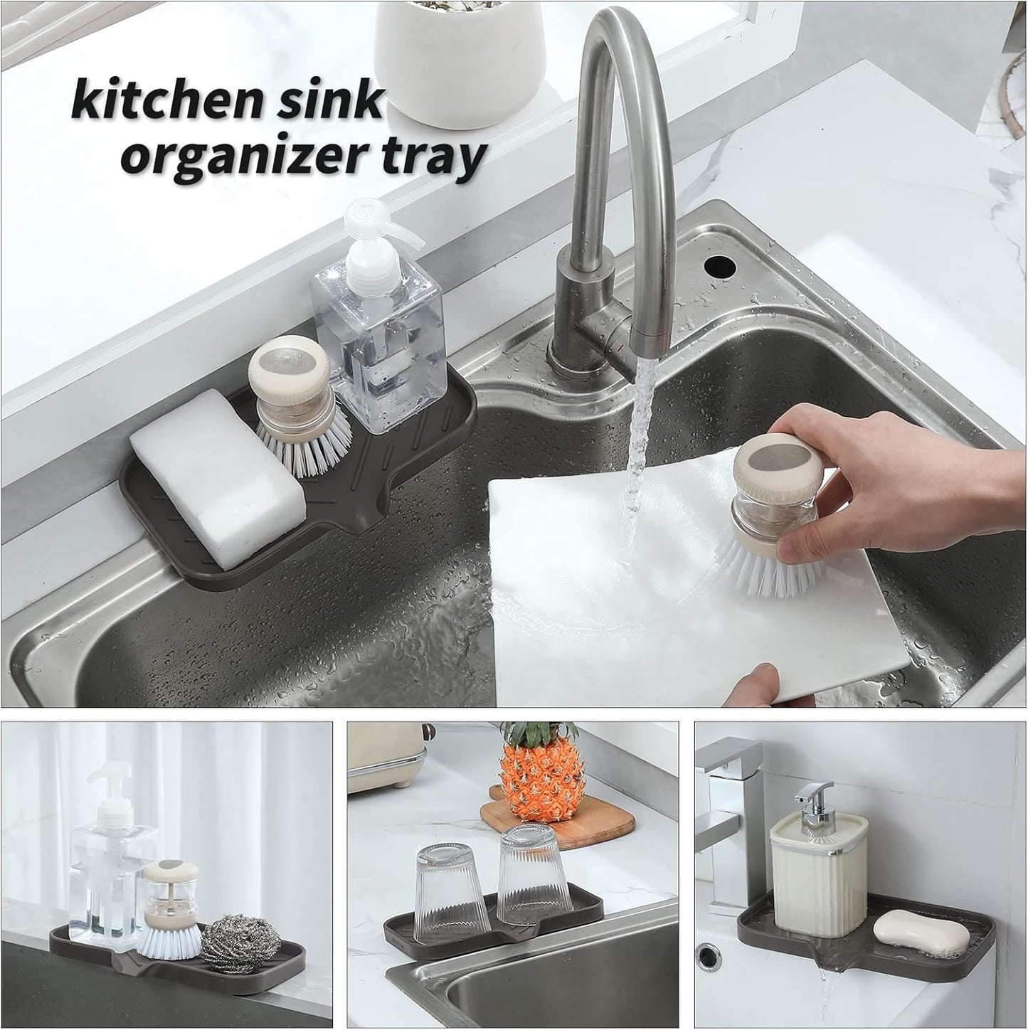 Silicone Bathroom Soap Dishes with Drain Spout-Bathroom and Kitchen Sink Organizer,Sponge Holder,Dish Soap Tray,Perfect for Dispenser,Scrubber,Bottle,Cup on Sink or Counter-Coffee 9.6"×5.3"