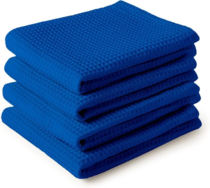 Encasa XO Kitchen Dish Towels Set | Blue | Waffle Weave and Flat Hand Tea Towel | 28"x18" | Quick Drying Reusable Cotton Washcloths | Multipurpose Lightweight Dishcloths Set of 4