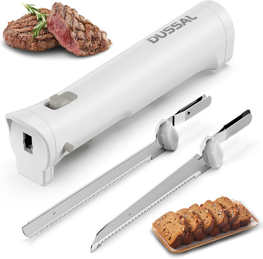 DUSSAL Cordless Electric Knife Rechargeable, Electric Carving Knife, 4 Stainless Steel Blades, Safety Lock Switch, Blade Release Buttons, Cutting Meats, Poultry, Bread, Cheese & More (White)