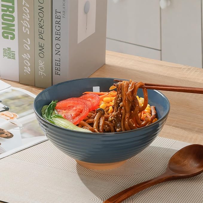 NUTRIUPS Set of 2 Ceramic Ramen Bowls with Spoons & Chopsticks, 40oz Large Soup Bowls for Udon, Miso, Noodles (Ocean & Earth)