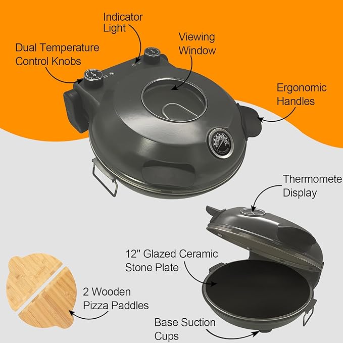 Pizza Oven Indoor, 12 Inch Retro Pizza Maker, Rapid Heating 800˚F, 1200W Glazed Ceramic Stone Electric Pizza Cooker, Two-button Precise Temperature Control, Viewing Window for Precise Cooking