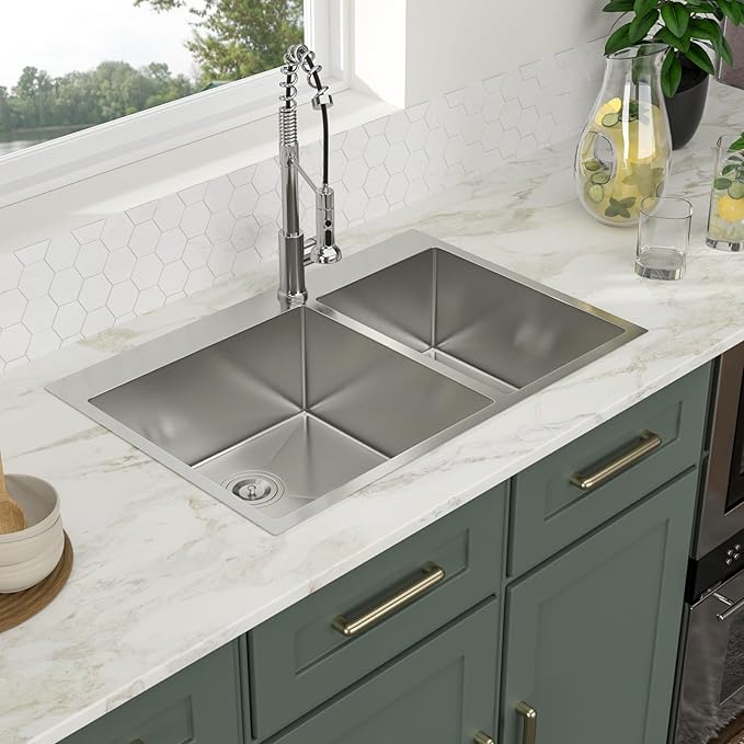 Logmey 33 Inch Double Bowl Drop-In Kitchen Sink 33x22x9 Inch 60/40 Nano Coating Stainless Steel 16 Gauge Handmade Topmount Kitchen Sink