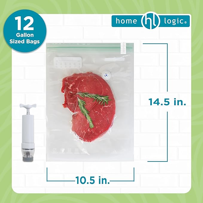 Home Logic Vacuum Sealer Reusable Bags – Freezer, Microwave & Sous Vide Safe Food Storage – 12 Gallon Bags, 10.5 Inch Width
