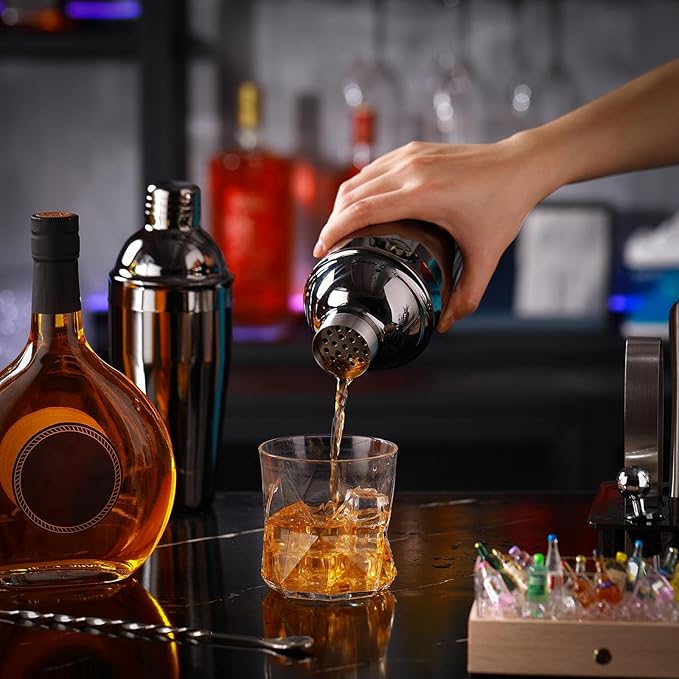 Nitial 6 Pcs Bar Cocktail Shaker Professional Stainless Steel Martini Drink Mixer Built-in Strainer for Bartending No Leaks Shaker for Bar Party Drink Mixer(Black,11.8 oz)