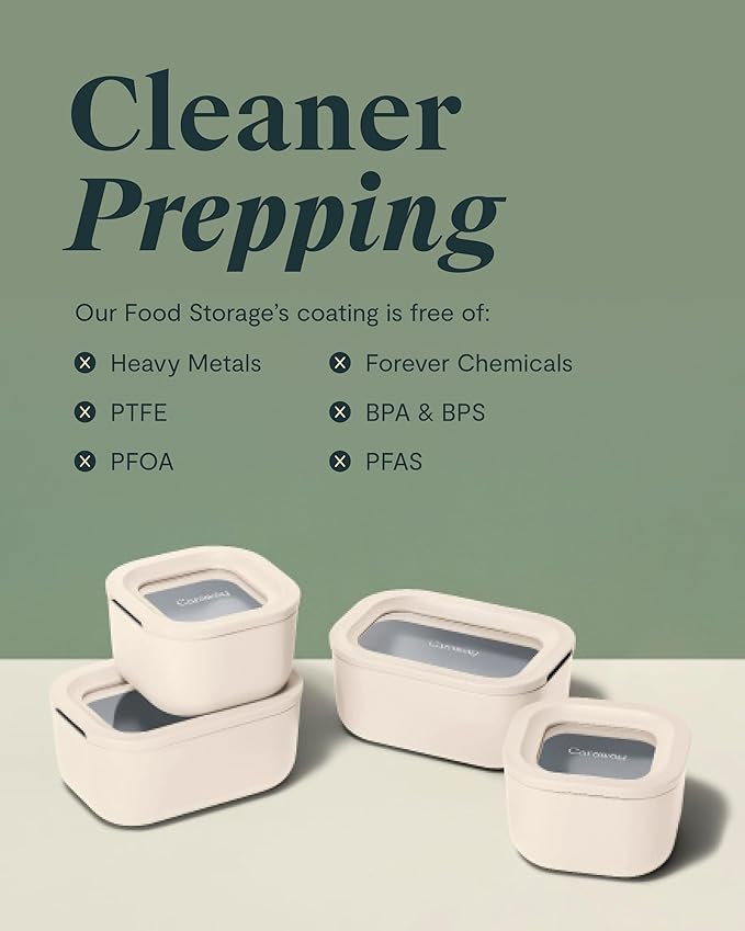 Caraway 6pc Glass Food Storage Set - 2.6 Cup Storage Containers For Food (6) - Non-Toxic Ceramic-Coated Glass - Air Release Technology - Compact & Stackable Design - Cream