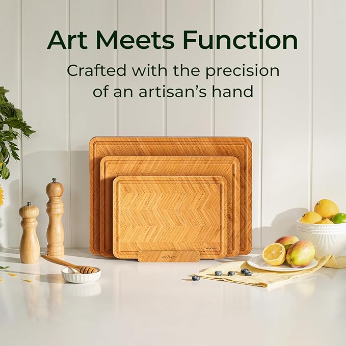 Atelier Collection Bamboo Cutting Board Set of 3, Reversible Boards for Kitchen with Juice Grooves, Handcrafted Luxury Cutting Boards, Large Wood Chopping Board for Cooking and Serving