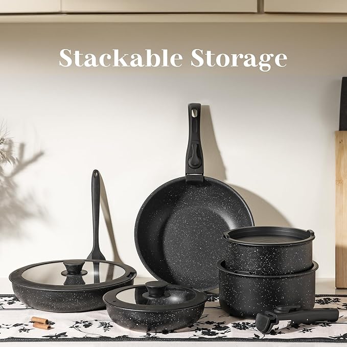 Sweetcrispy 12 pcs Pots and Pans Set, Nonstick Kitchen Induction Cookware Suit with Detachable Handle, Dishwasher Oven Safe, Pitch Black