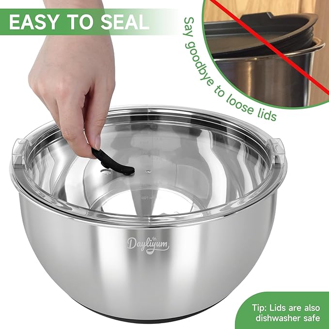 Mixing Bowls with Airtight Lids, Clear Lid with Valve, Stainless Steel Nesting Bowl Set, 3-Piece Bowls(1.5/3/5 QT), Measurement Marks, Non-Slip Silicone Base, Dishwasher Safe, Food Prep & Storage