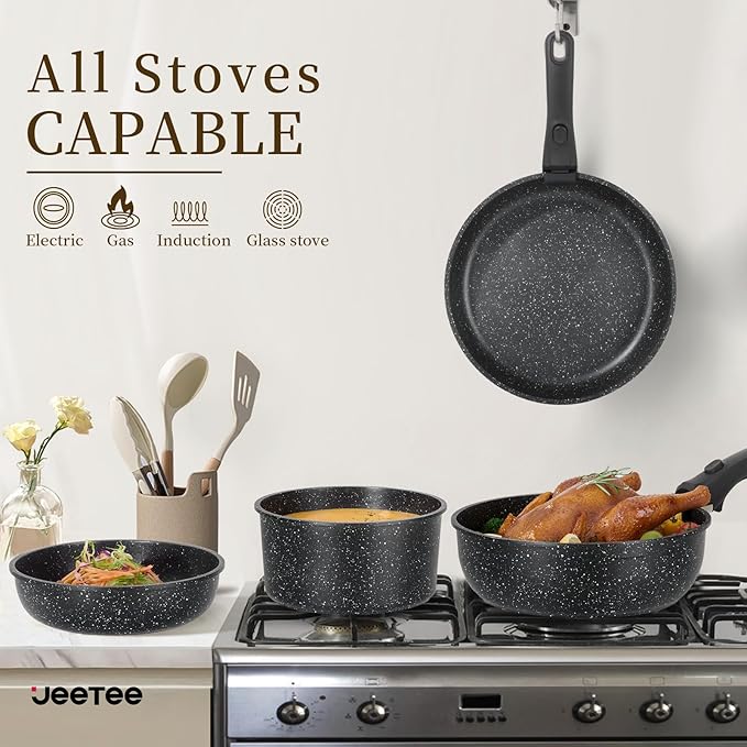 JEETEE Pots and Pans Set Non Stick 17pcs, Kitchen Cookware Sets with Detachable Handle, Induction Nonstick Cookware Set with Removable Handle, Stackable RV Cookware, Oven Safe, PFAS/PFOA Free, Black