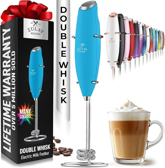 Zulay Double Whisk Milk Frother Handheld Mixer - High Powered Frother For Coffee With Improved Motor - Electric Whisk Drink Mixer For Cappuccino, Frappe, Matcha & More, Twin Whisk - Teal