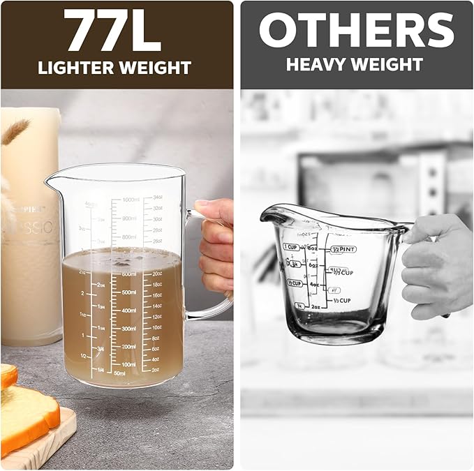 Lallisa 3 Pack High Borosilicate Glass Measuring Cups Set with Handle V Shaped Spout, 4, 2, 1 Cup 3 Scales (Oz, Cup, Ml) for Kitchen Restaurant Baking Cooking, Easy to Read, Clear(White Scale)