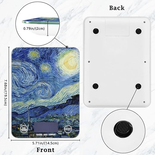 Food Scale Kitchen Digital Scale Food Ounces and Grams Dieting Baking Cooking Waterproof Glass Panels LCD Display,4 Units Scale Tare Function Vangogh Starry Night