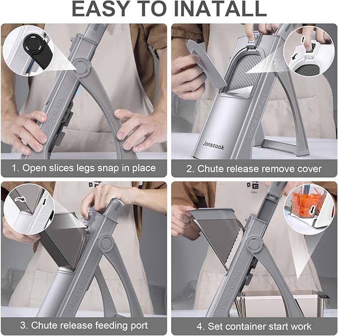 All-in-1 Upgraded Safe Mandoline Slicer for Kitchen, with Handheld Spiralizer, Food Chopper with Container, Thickness Adjustable Vegetable Chopper, Potato French Fry Cutter (High-grade Gray)