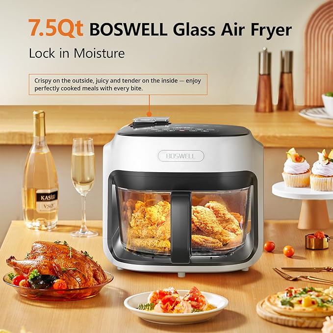 BOSWELL Steam Glass Air Fryer, 7.5QT Borosilicate Bowl with Circulating Heat, Digital Touchscreen, 400°F Max Temp, Oil-Free Fryer with Mist Function, Dishwasher Safe (White)