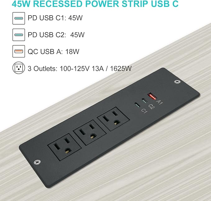 45W Recessed Power Strip USB C, Flush Mount Desk Extender 3 AC Outlets 2 PD USB-C&1 Fast Charge USB-A Ports,Flat Plug Extension Cord for Drawer Cabinet Countertop Table Conference Black