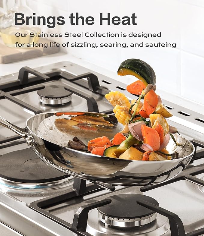 Stainless Steel 8 Inch Frying Pan Nonstick, Tri-ply Clad Base Non-toxic Skillets with Stainless Steel Lid, Fast and Even Heating Stay Cool Handles Induction Dishwasher & Oven Safe PFOA Free Cookware