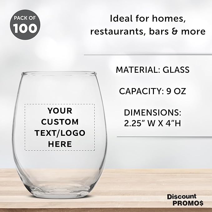Custom Stemless Wine Glass 9 oz. Set of 100, Personalized Bulk Pack - Great for Wedding Favors, Bachelorette Party Decorations, Party Favors, Color Bottom - Clear