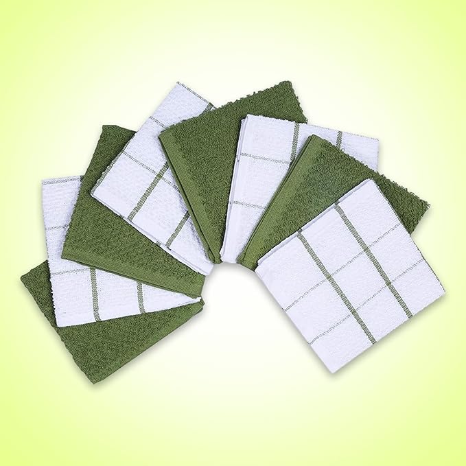AMOUR INFINI Cotton Kitchen Dish Cloths Set of 8 – Highly Absorbent, Super Soft Premium Terry Cleaning Cloth (12"x12" Inch) Premium Dishcloths for Washing Dishes (Green)