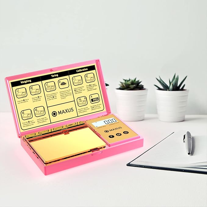 MAXUS Digital Gram Scale with 200g x 0.01g Capacity, Stylish Pink Plated Shining Cover and Platform, Mini Pocket Scale for Food and Jewelry