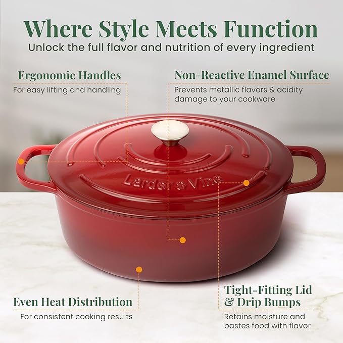 Larder & Vine Enameled Cast Iron 8 qt Dutch Oven Pot with Lid | Bread Baking | Compatible on All Cooktops & Oven Safe to 500° F | Great for Sourdough Bread | Cabernet