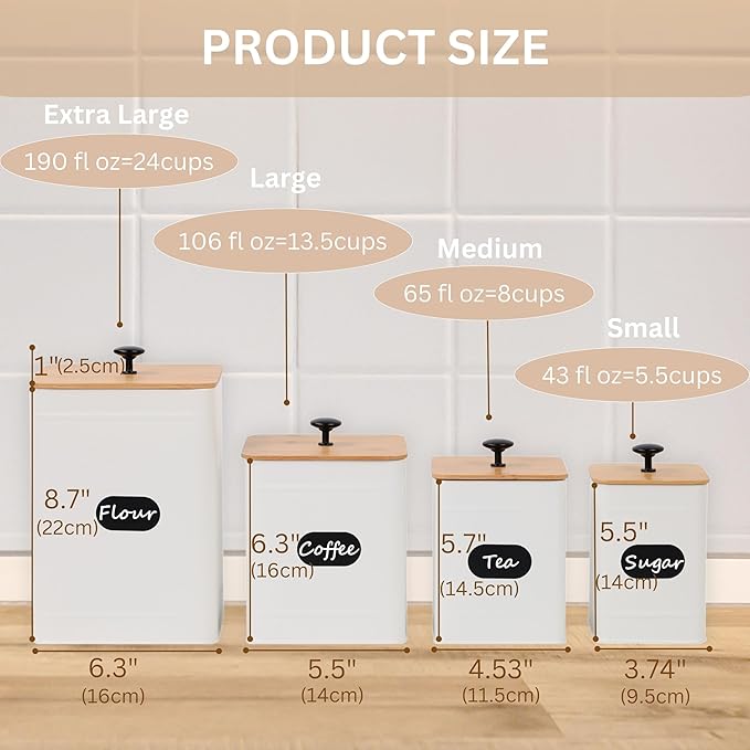 PERFNIQUE Kitchen Canisters, Airtight Canister Sets for Kitchen Counter, Kitchen Canisters for Countertop Set of 4, Coffee Tea Sugar Flour Spice Tin Jars Food Storage Container with Lid(White)