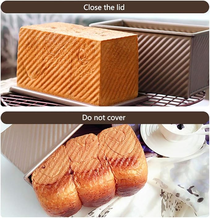 Pullman Loaf Pan with Lid, Non-Stick Bakeware Golden Corrugated Carbon Steel Bread Toast Box Mold with Cover for Baking Bread, 1 lb Dough Capacity