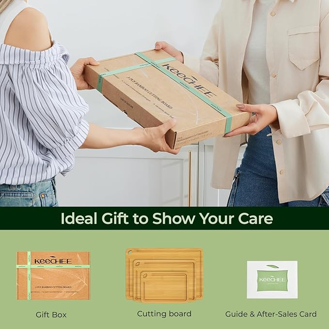Wood Cutting Board for Kitchen - Reversible Bamboo Cutting Boards Gift Set of 3 with Juice Groove, Wooden Chopping Board for Meat, Fruit, Vegetables & Cheese (Pre Oiled, Natural)