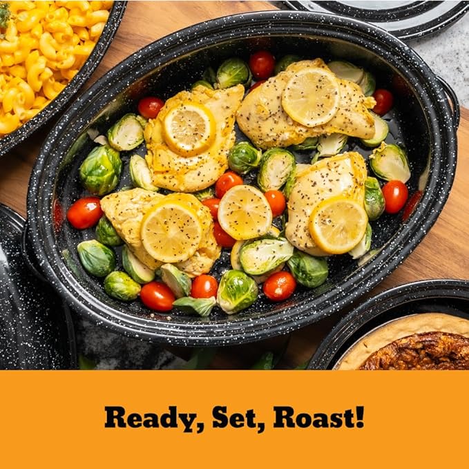 Granite Ware 4-Piece 18-in Roasting Set w/Lid, Enameled Steel, Speckled Black