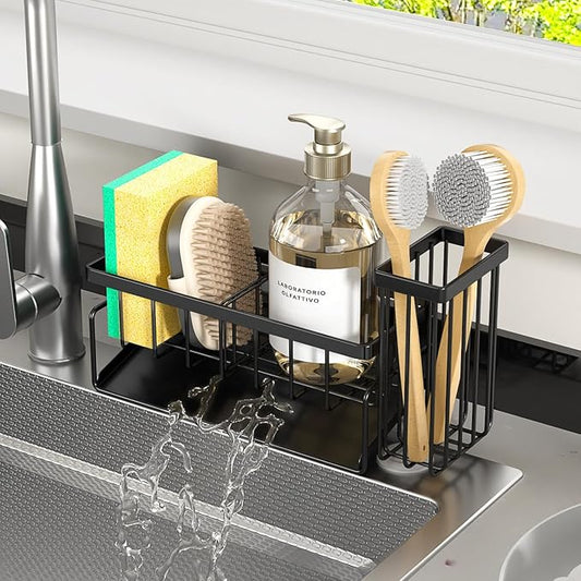 Sponge Holder & Sink Caddy Organizer - Rustproof Kitchen Sink Organizer with High Brush Holder - Kitchen Essentials Countertop Storage Organization (Carbon Black)
