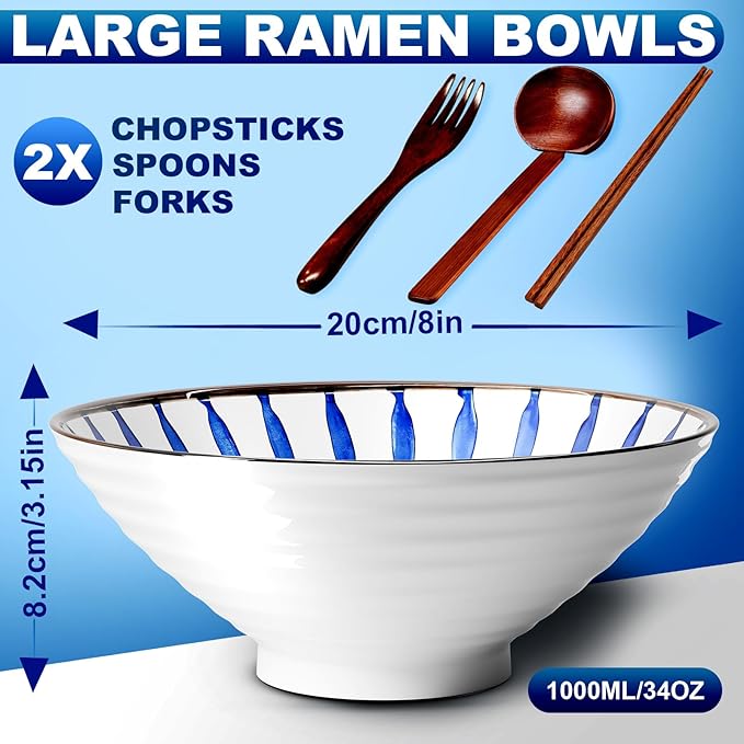 8-Inch Large Ceramic Ramen Bowl Set of 2 (9 Piece) - Microwave & Dishwasher Safe Porcelain Japanese Salad Noodles Cereal Fruit Pasta Soup Bowls with Recipes Chopsticks Forks Spoons for Men Women Gift