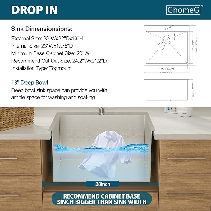 25 Inch Laundry Sink Dorp In 25x22x13 Inch Deep Laundry Utility Sink Drop In Topmount Single Bowl 16 Gauge Stainless Steel Above Counter Kitchen Laundry Room Sinks